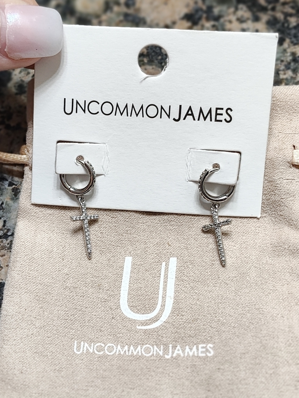 Uncommon James Silver Cross Dangle Hoop Earrings - Sparkling Crystal Accent NEW